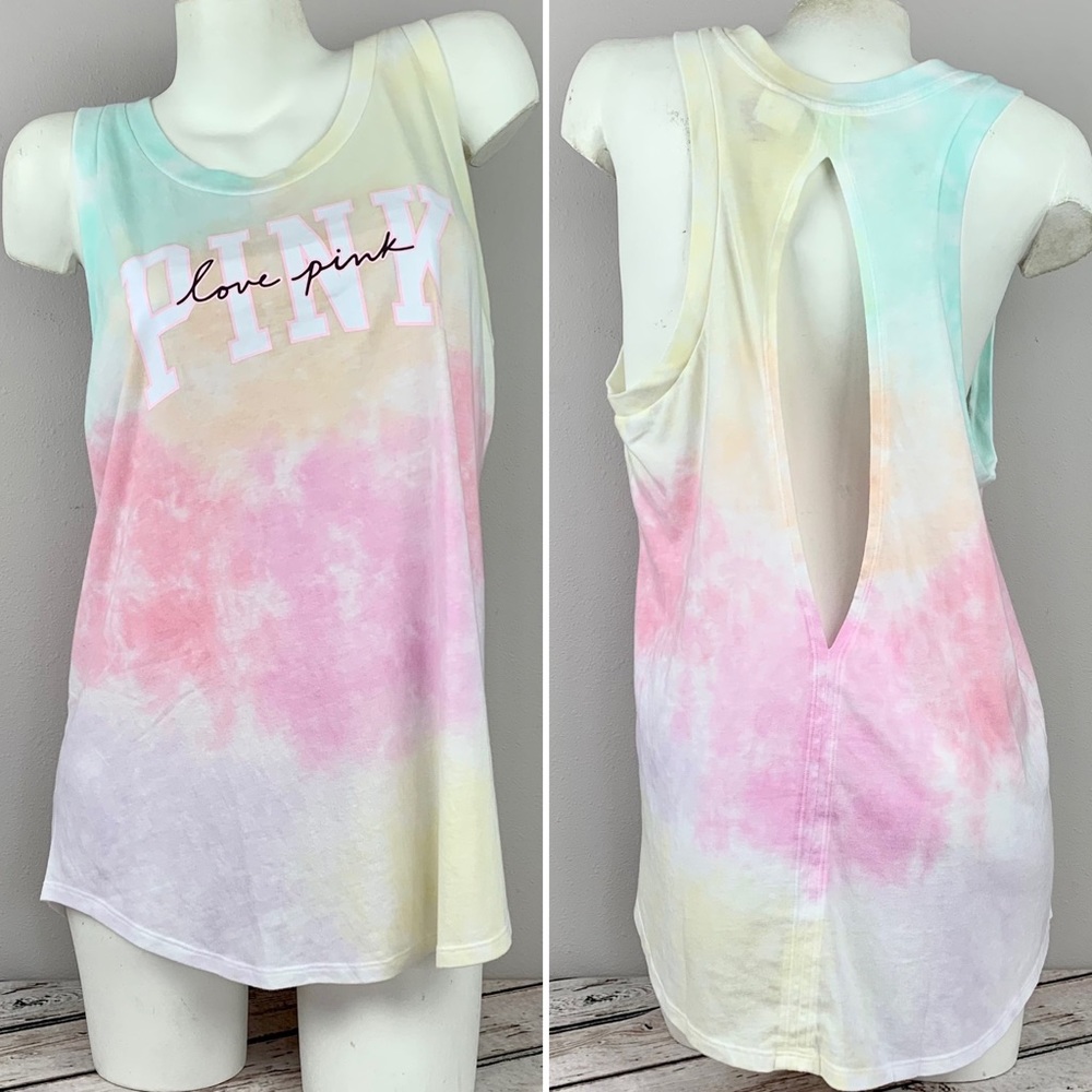 NWT Large PINK Victoria’s Secret Tank Top Slit Back Tie Dye Boho Athleisure Yoga